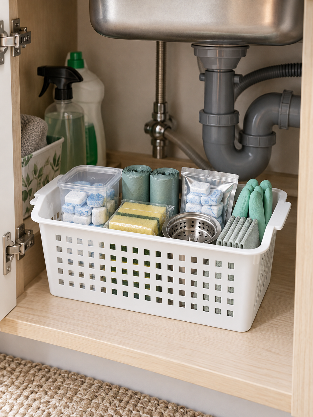 2 / 3 Pack – Under-Sink Open Basket Organizer with Easy-Carry Side Handles – Ventilated Storage Bin for Cleaning Supplies, Sponges, Sprays & More | White