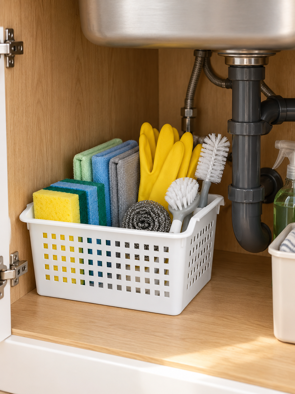 2 / 3 Pack – Under-Sink Open Basket Organizer with Easy-Carry Side Handles – Ventilated Storage Bin for Cleaning Supplies, Sponges, Sprays & More | White