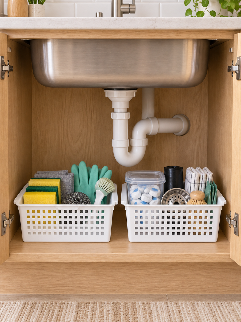 2 / 3 Pack – Under-Sink Open Basket Organizer with Easy-Carry Side Handles – Ventilated Storage Bin for Cleaning Supplies, Sponges, Sprays & More | White