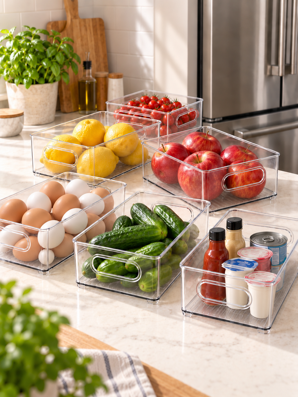 2/4-Pack Clear Refrigerator Organizer Bins – Stackable Storage Containers with Easy-Carry Handles