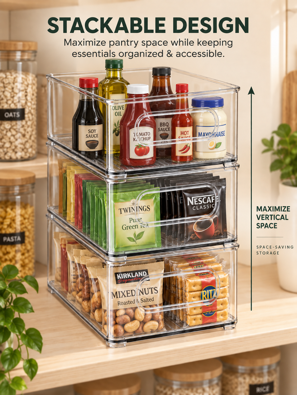 2/4-Pack Clear Pantry Organizer Bins – Stackable Storage Containers with Easy-Carry Handles