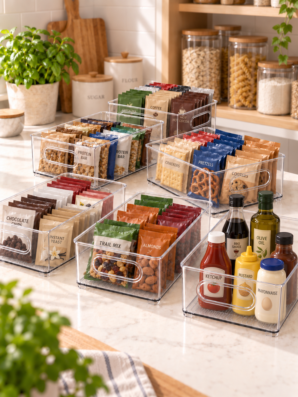 2/4-Pack Clear Pantry Organizer Bins – Stackable Storage Containers with Easy-Carry Handles
