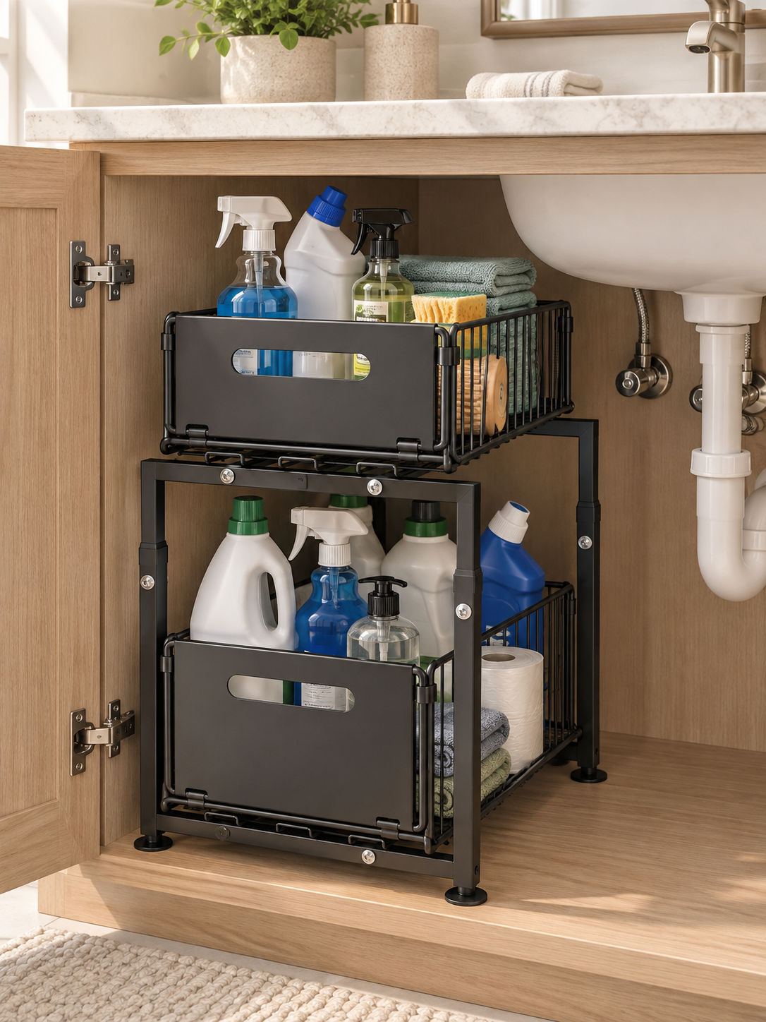 View of No drill 2-Tier Pull-Out Cabinet Organizer | Kitchen , Bathroom