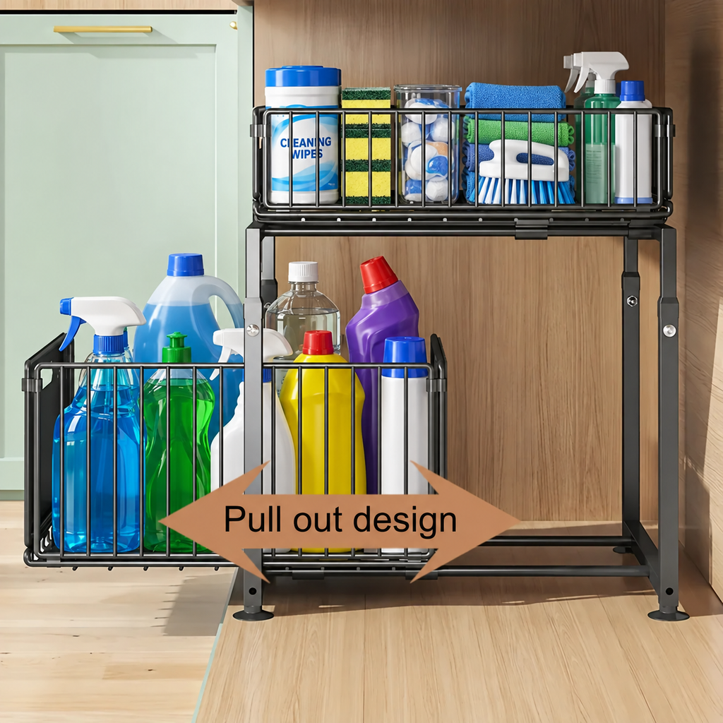 View of No drill 2-Tier Pull-Out Cabinet Organizer | Kitchen , Bathroom