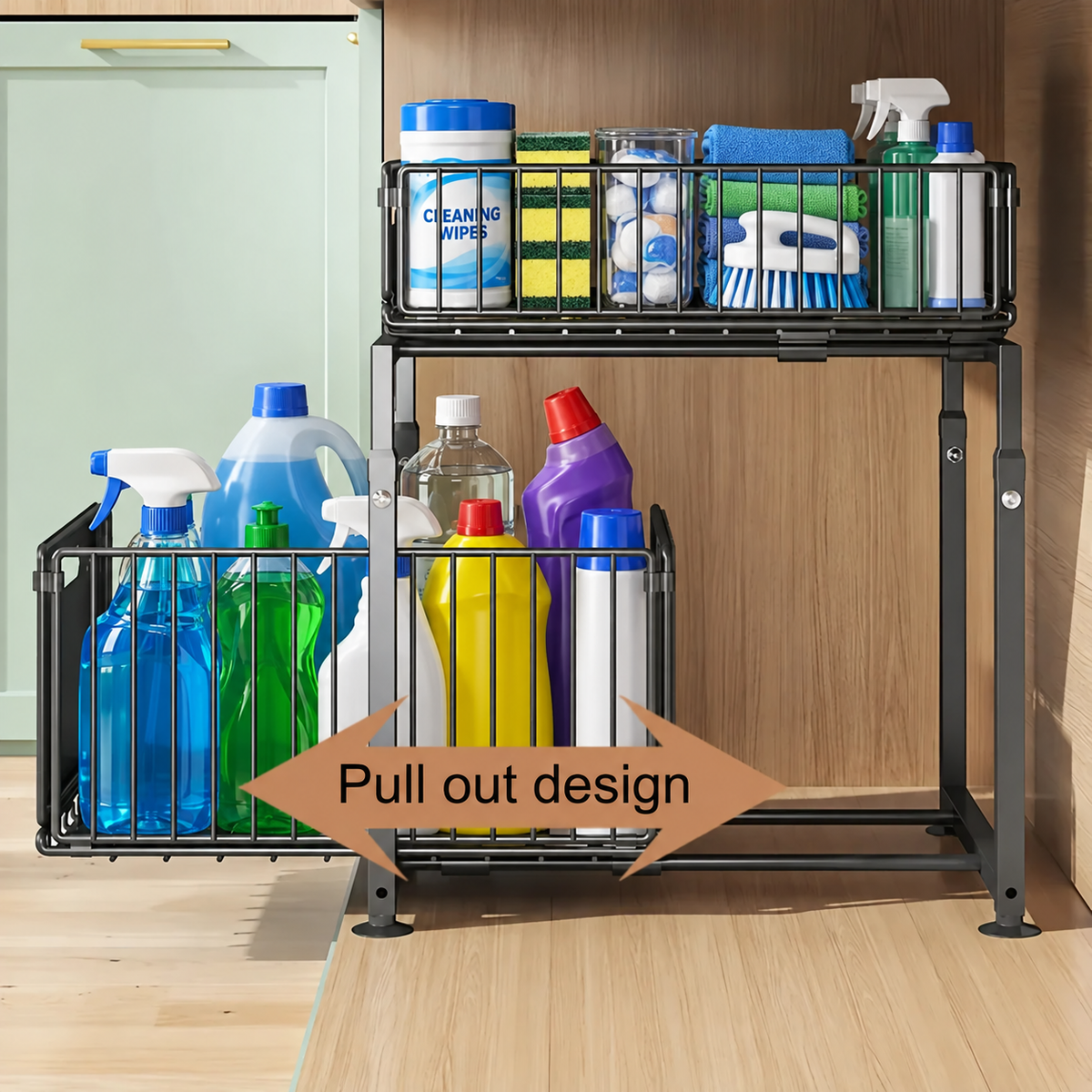 View of No drill 2-Tier Pull-Out Cabinet Organizer | Kitchen , Bathroom