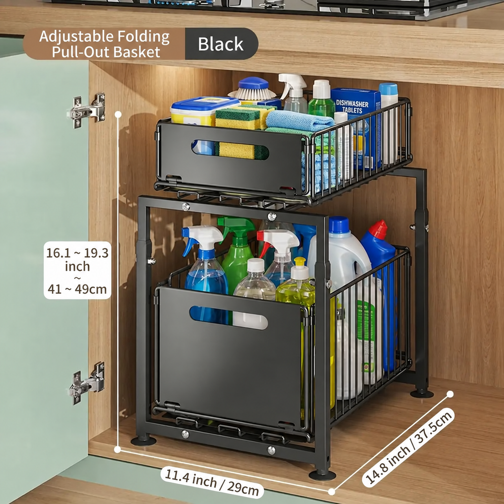 No drill 2-Tier Pull-Out Cabinet Organizer | Kitchen , Bathroom |Sliding Under