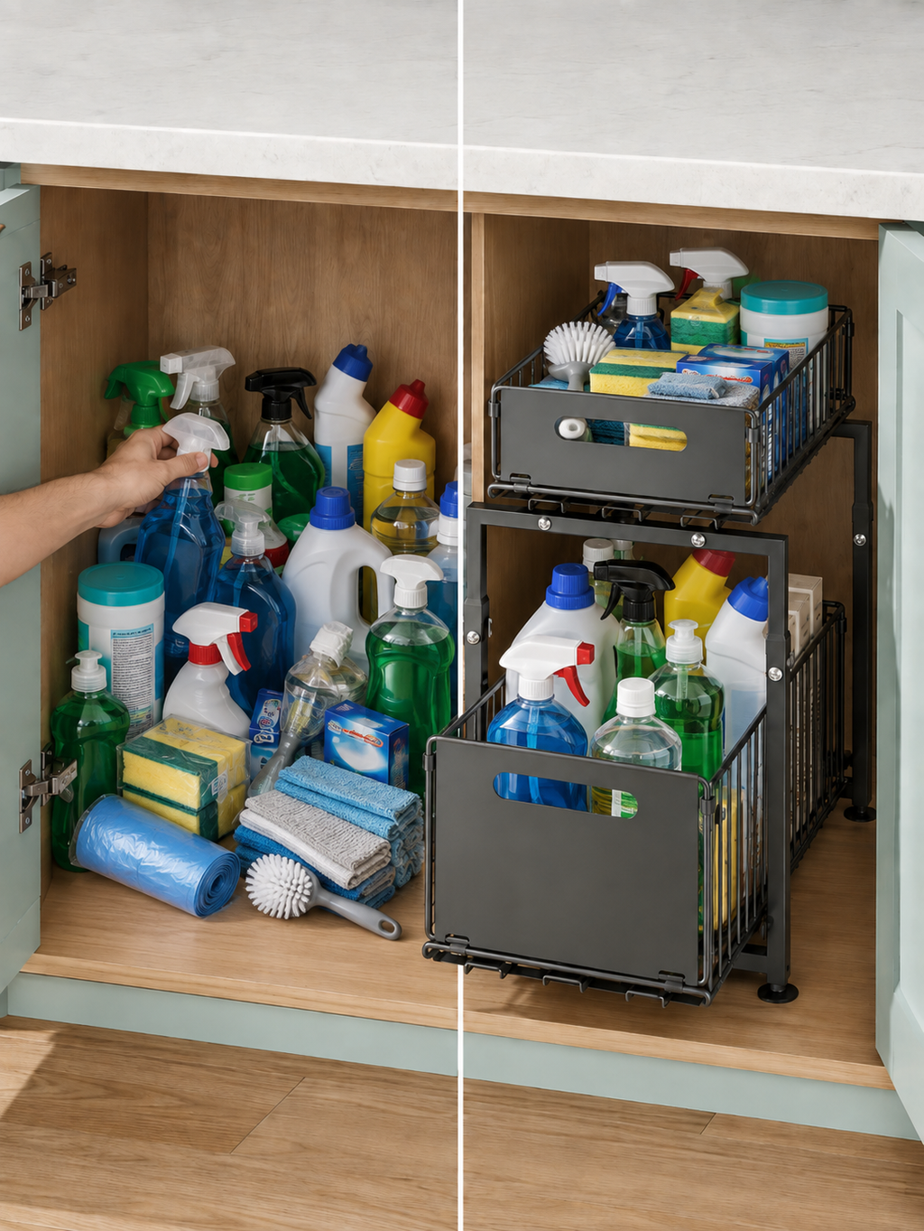 No drill 2-Tier Pull-Out Cabinet Organizer | Kitchen , Bathroom |Sliding Under