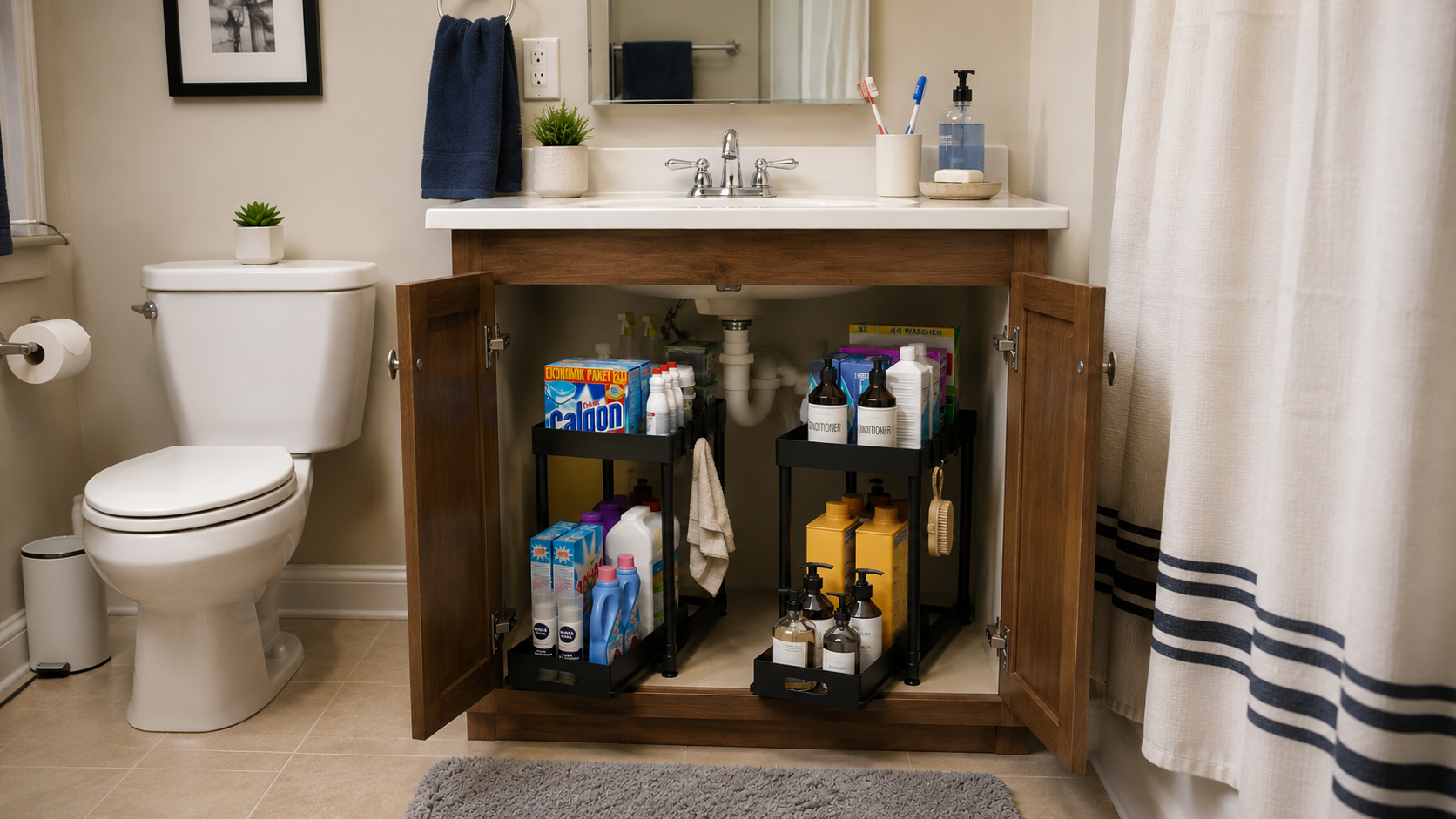 1 / 2-Piece Pull-Out Under Sink Storage Organizer – Sliding Two-Tier Cabinet Organizer for Kitchen & Bathroom | Black