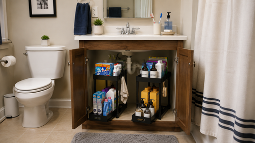 1 / 2-Piece Pull-Out Under Sink Storage Organizer – Sliding Two-Tier Cabinet Organizer for Kitchen & Bathroom | Black