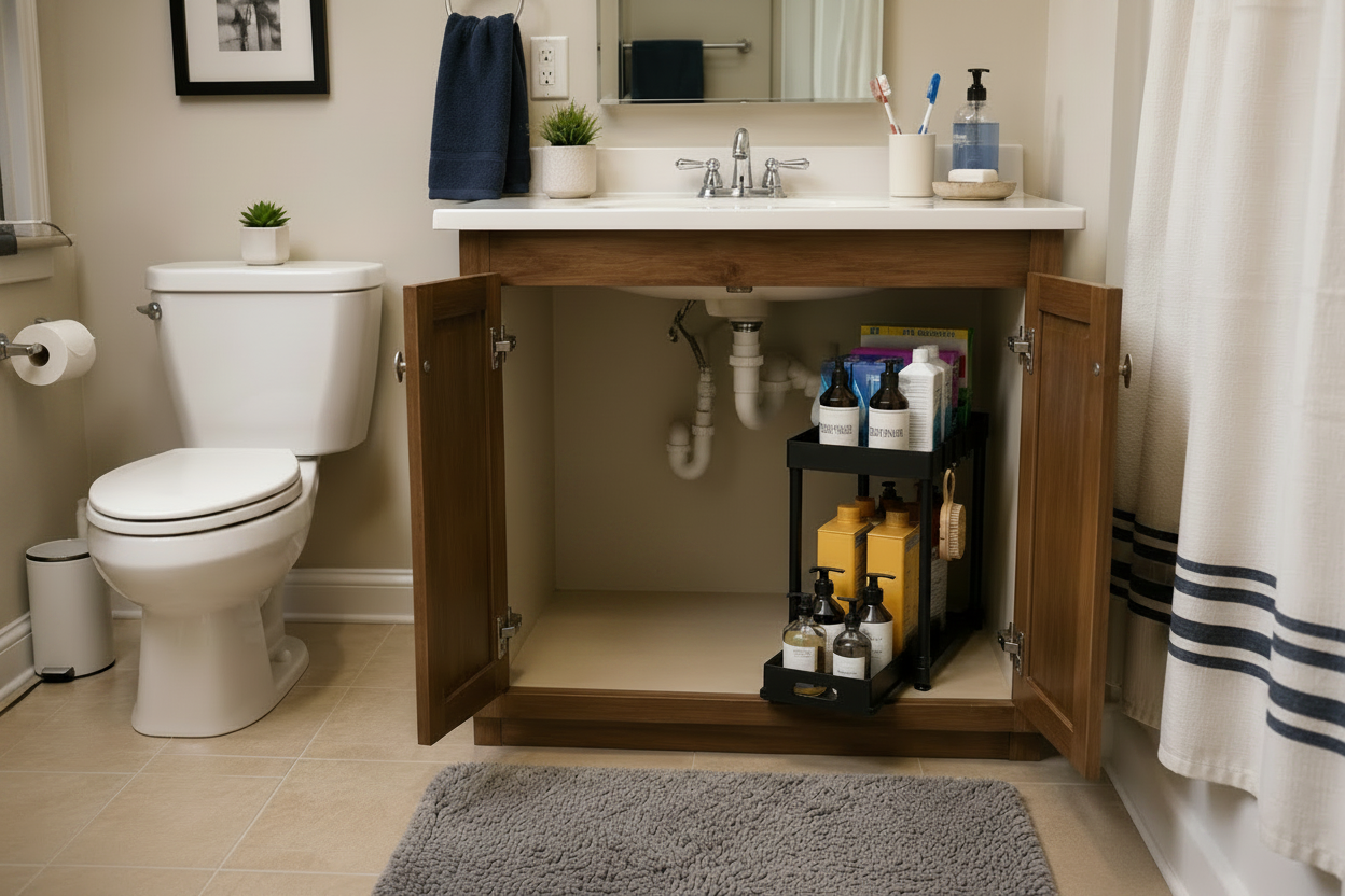 1 / 2-Piece Pull-Out Under Sink Storage Organizer – Sliding Two-Tier Cabinet Organizer for Kitchen & Bathroom | Black