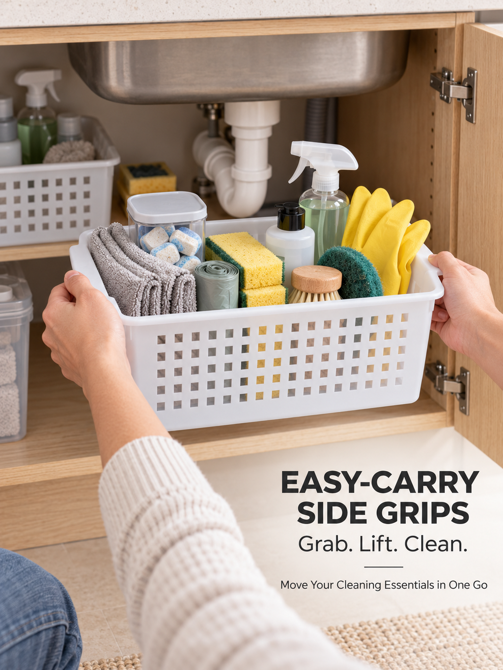 Under-sink basket organizer holding sponges, rubber gloves, scrubbing brush and steel wool scrubber - white ventilated plastic basket