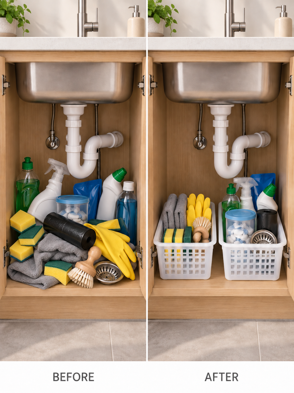 Under-sink basket organizer holding dishwasher pods in container, bin liner roll, drain strainer and rubber gloves - organized view