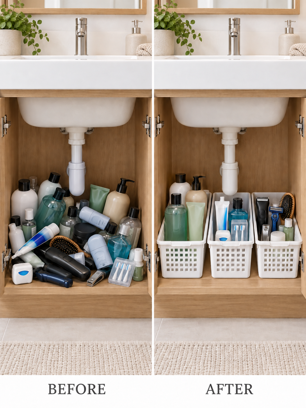 Easy-carry side grip handles hero shot - two hands lifting fully loaded basket with sponges, cloths, pods and spray bottle from under kitchen sink