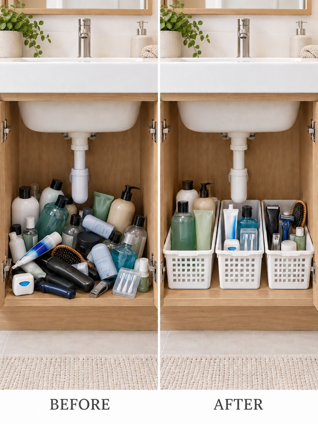Easy-carry side grip handles hero shot - two hands lifting fully loaded basket with sponges, cloths, pods and spray bottle from under kitchen sink
