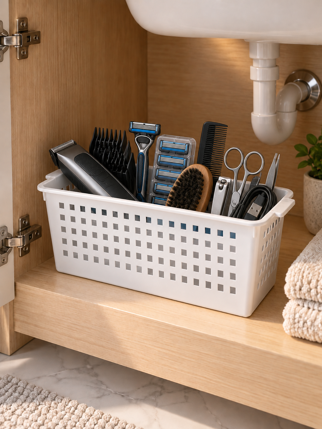 Under-sink basket holding shampoo, conditioner, body wash, lotion and skincare bottles standing upright - hand pulling basket by handle