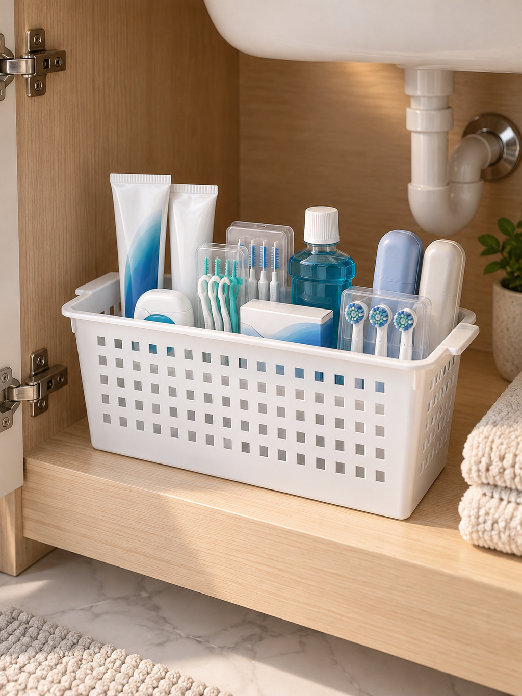 Under-sink basket holding dental care items - toothpaste tubes, mouthwash bottle, interdental brushes, electric toothbrush heads and floss