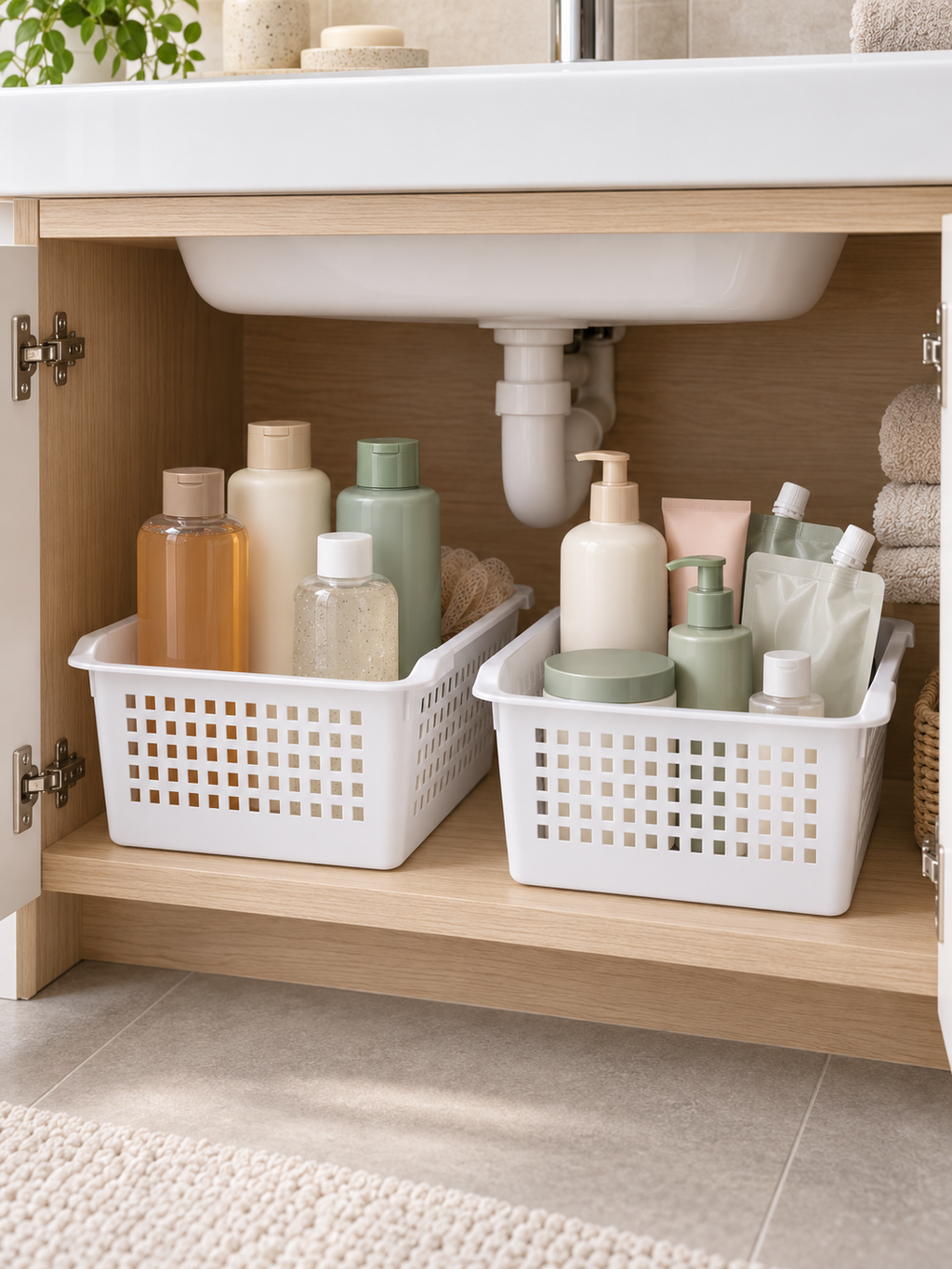 Under-sink basket holding grooming tools - hair trimmer, razor, comb attachments, boar bristle brush, scissors, nail clippers and charging cable
