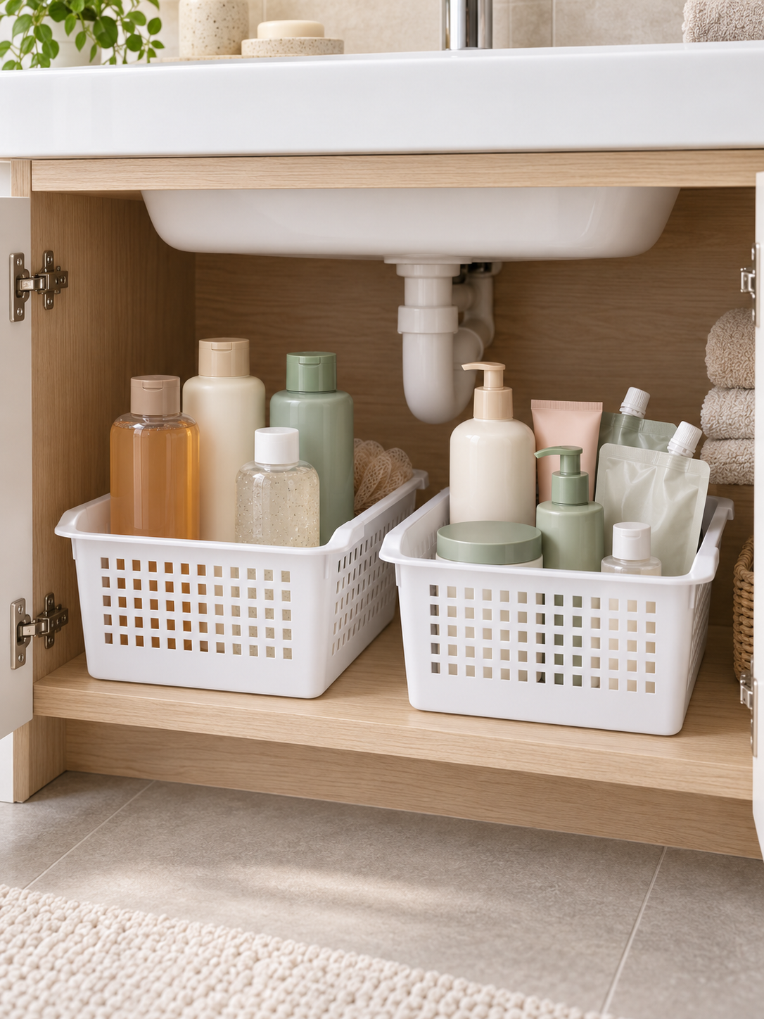 Under-sink basket holding grooming tools - hair trimmer, razor, comb attachments, boar bristle brush, scissors, nail clippers and charging cable