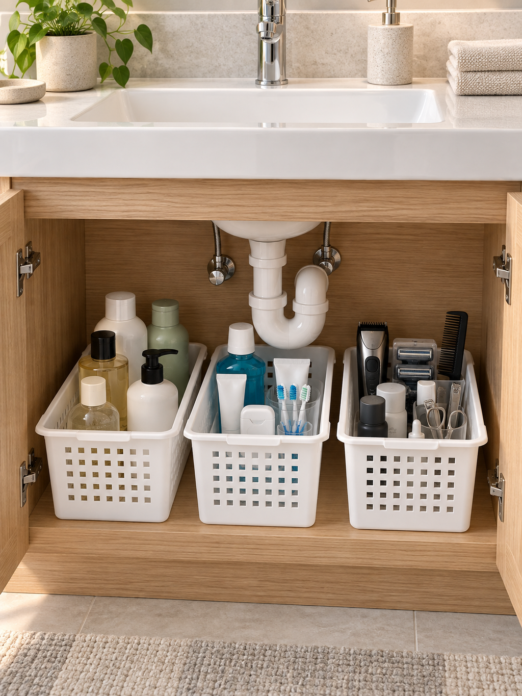 Two white ventilated baskets side by side under bathroom sink - left basket holds shower gel and lotion bottles, right holds skincare and beauty products