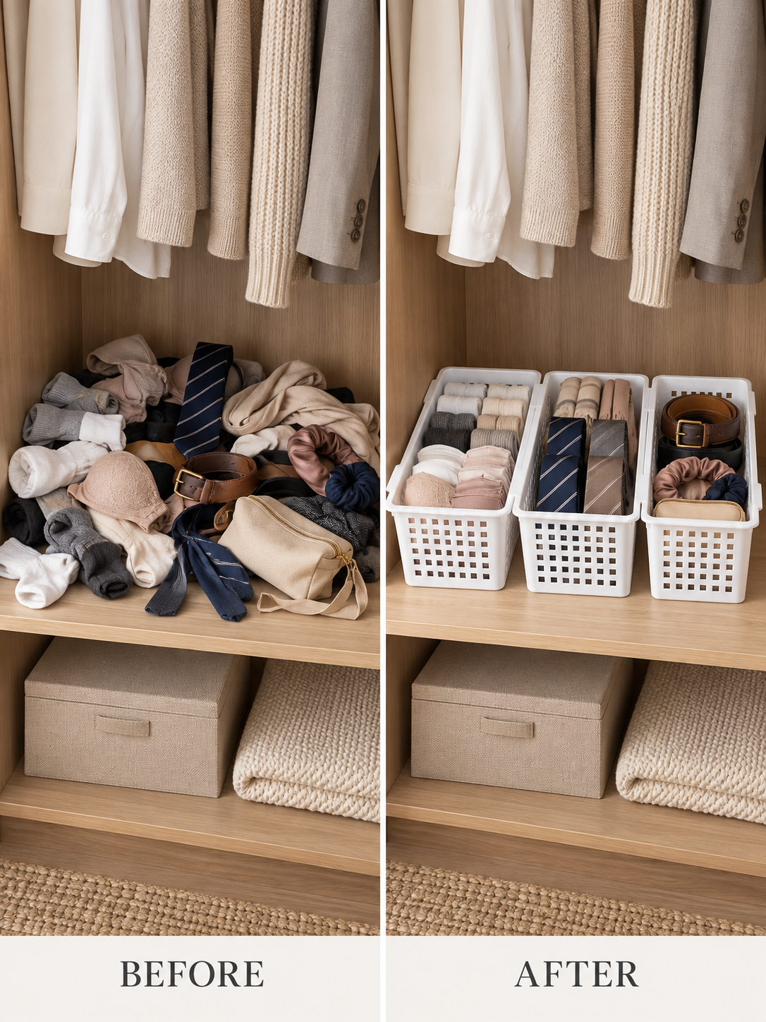 Before and after closet shelf - left pile of loose socks, ties, belt, bralette and fanny pack, right three white ventilated baskets side by side with rolled socks, ties and accessories organized by category