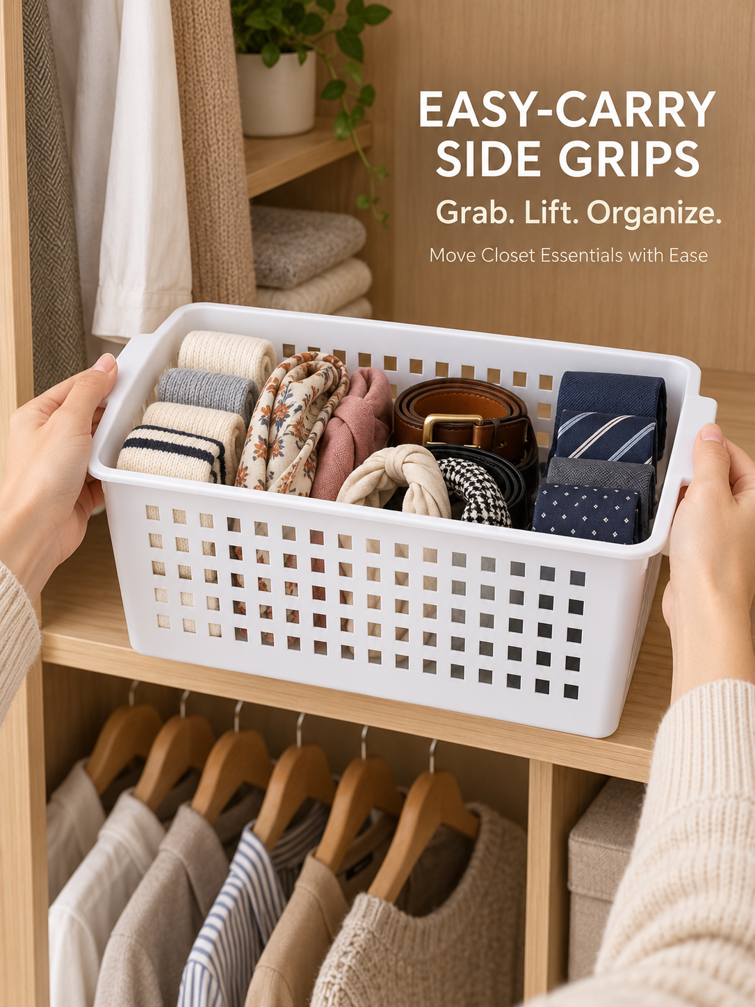 EASY-CARRY SIDE GRIPS hero image - two hands holding fully loaded white ventilated basket with rolled socks, folded scarves, coiled belts and rolled ties lifted from closet shelf