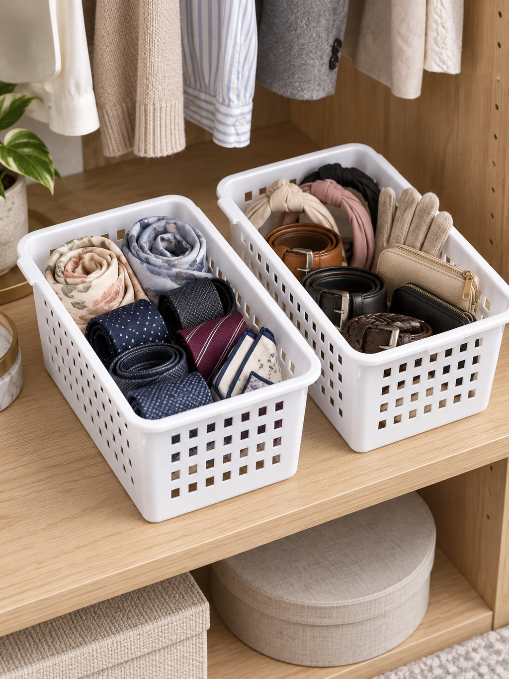 Two white ventilated baskets on closet shelf - left basket holds rolled ties (navy polka dot, striped, floral, grey), right basket holds coiled belts, gloves and small zip wallet