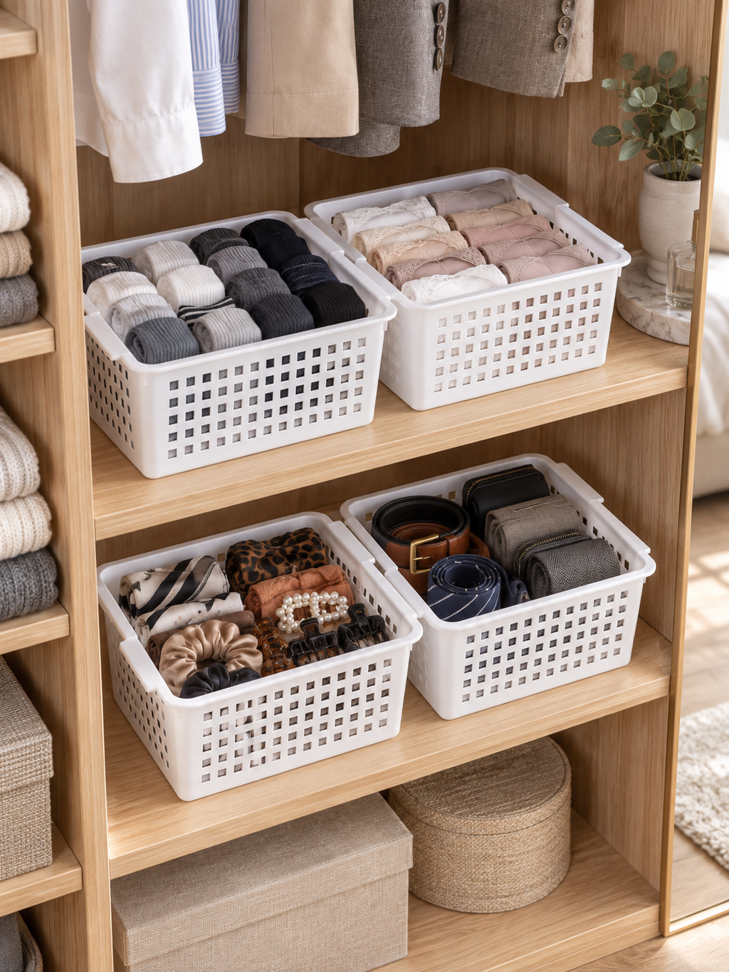 White ventilated closet baskets on wooden shelves - top shelf holds two baskets with rolled socks in dark and neutral colors, bottom shelf holds two baskets with hair accessories and belts with rolled ties