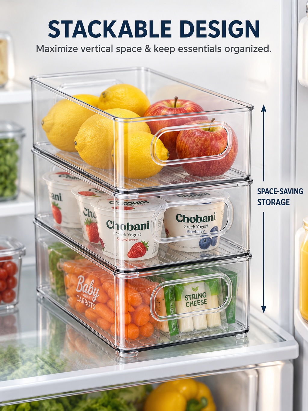 2/4-Pack Clear Refrigerator Organizer Bins – Stackable Storage Containers with Easy-Carry Handles