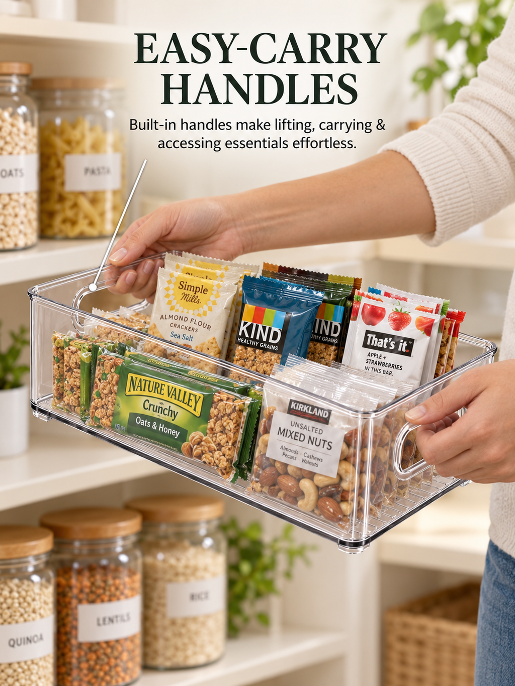 View of 2/4-Pack Clear Pantry Organizer Bins – Stackable Storage Containers with