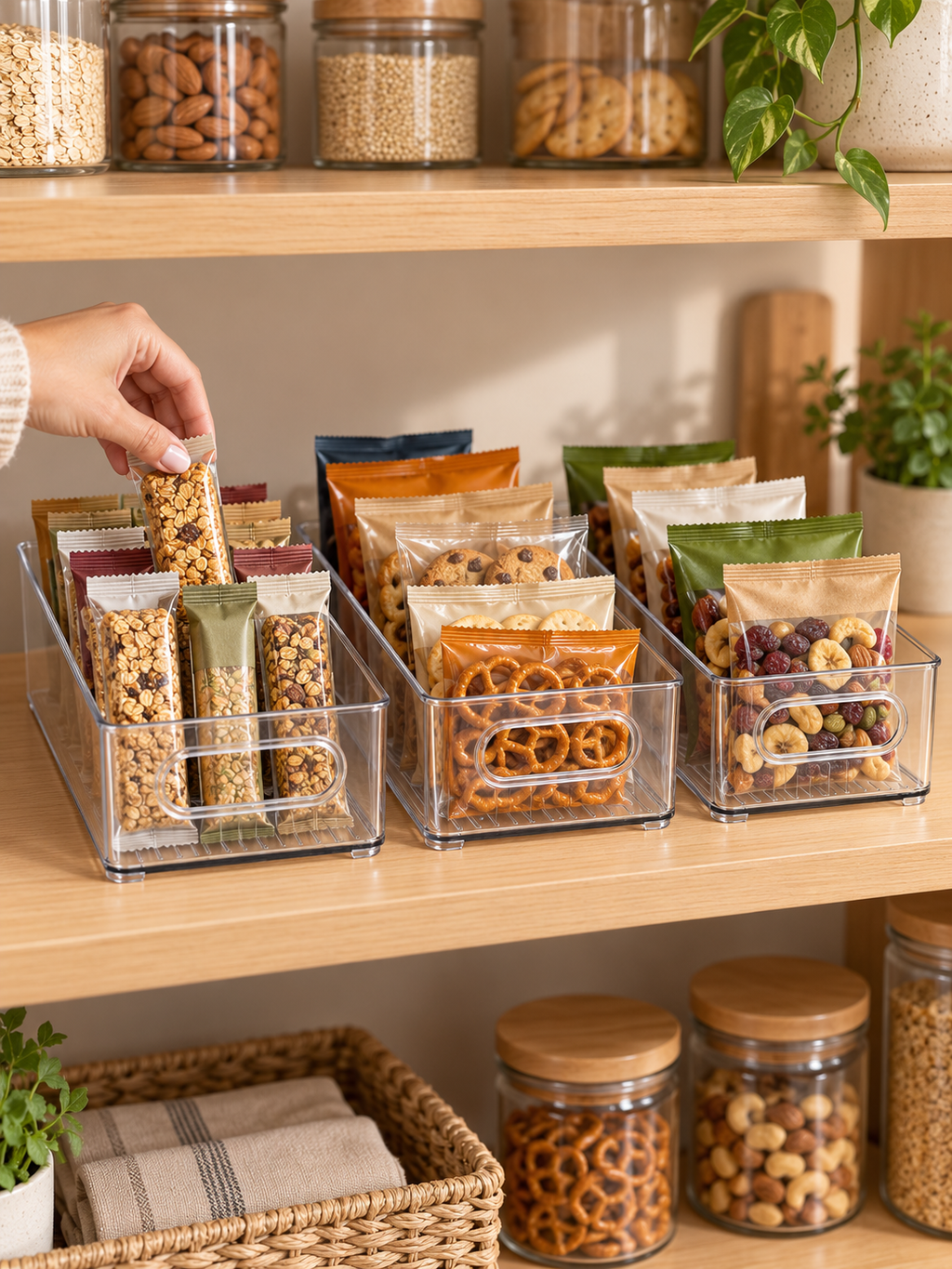 View of 2/4-Pack Clear Pantry Organizer Bins – Stackable Storage Containers with