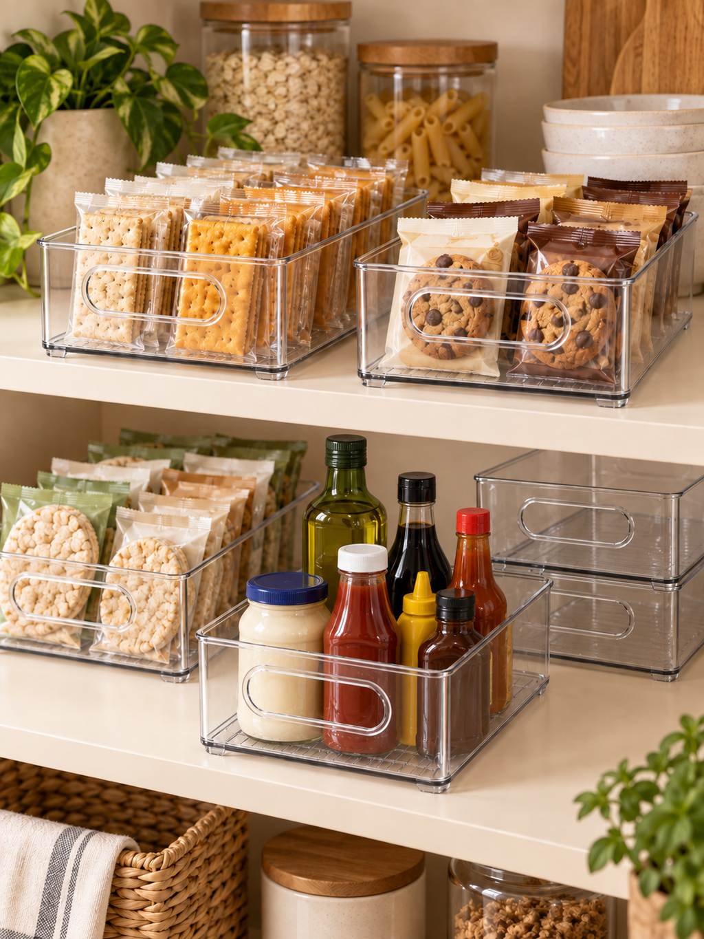 2/4-Pack Clear Pantry Organizer Bins – Stackable Storage Containers with Easy-Carry Handles