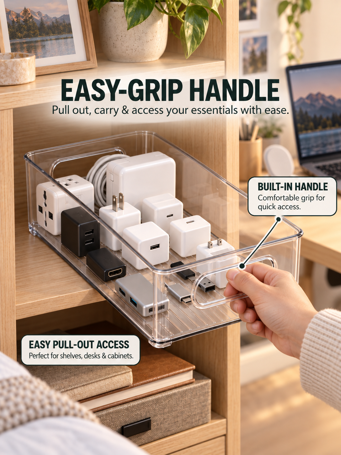 View of 2/4-Pack Clear Organizer Bins – Stackable Desk & Bedroom Storage