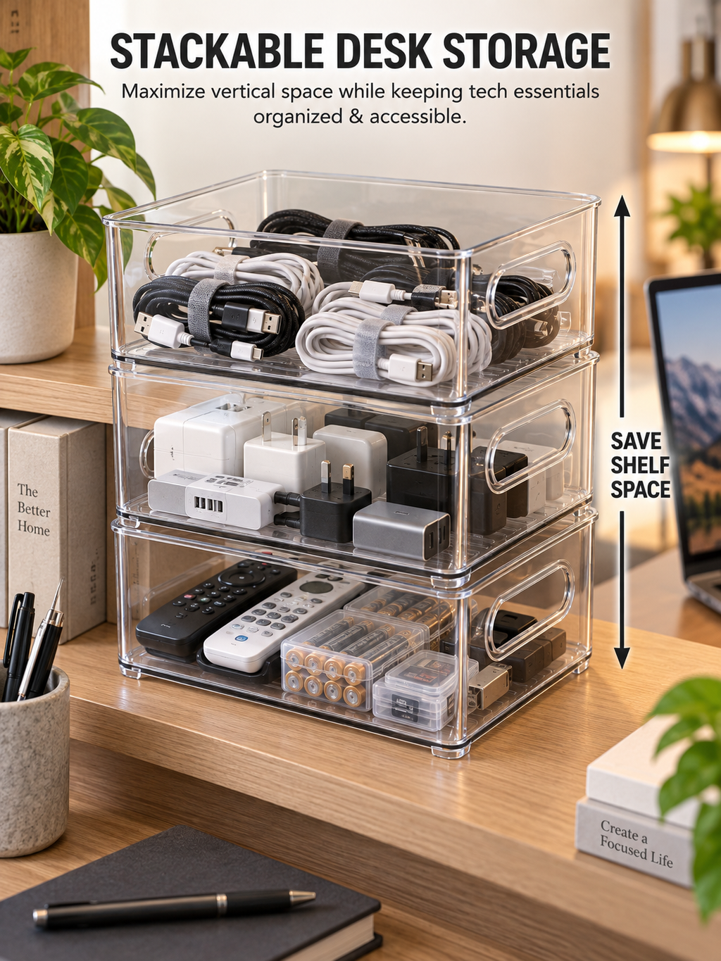 2/4-Pack Clear Organizer Bins – Stackable Desk & Bedroom Storage for Cables,