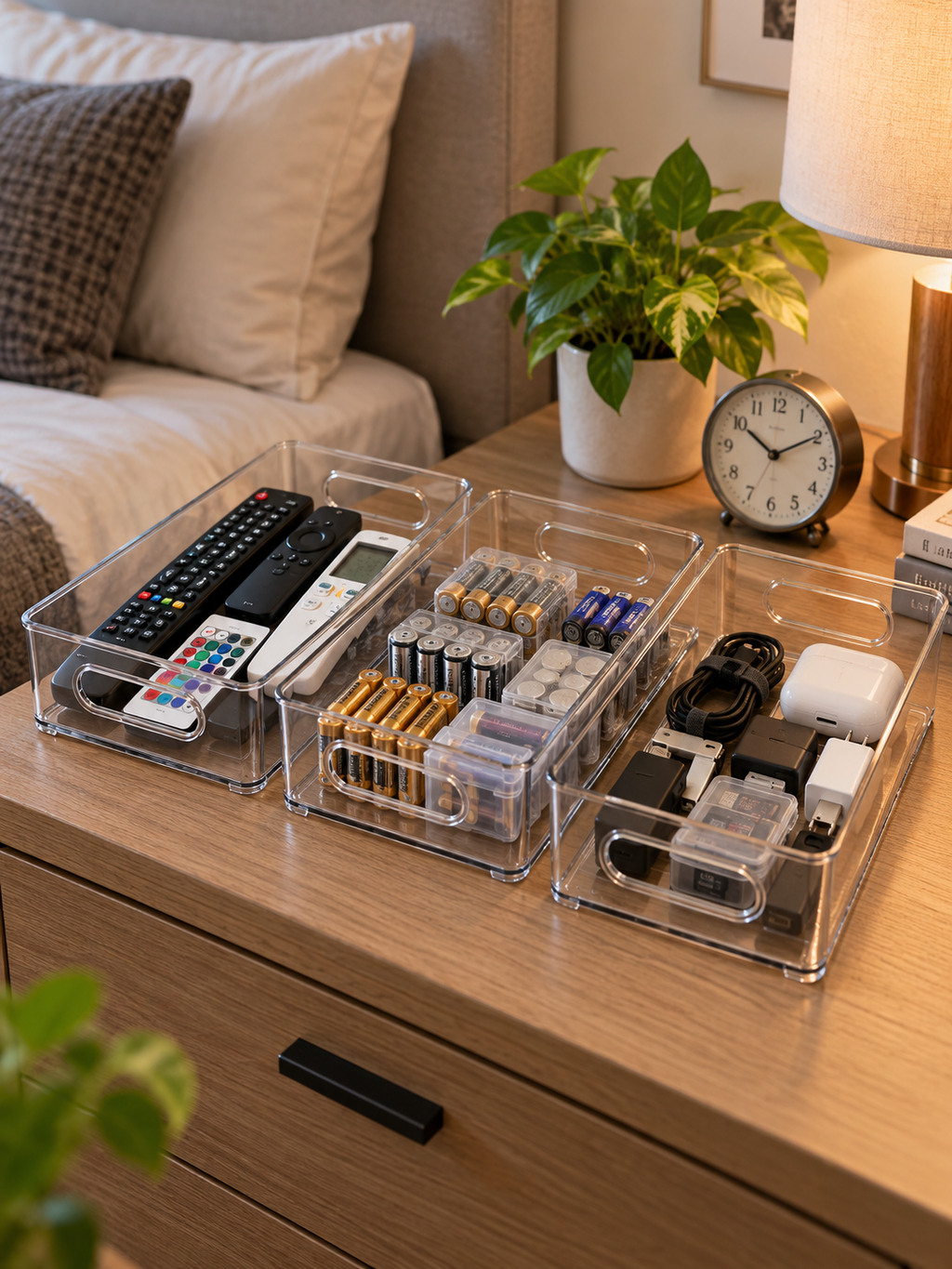 2/4-Pack Clear Organizer Bins – Stackable Desk & Bedroom Storage for Cables,