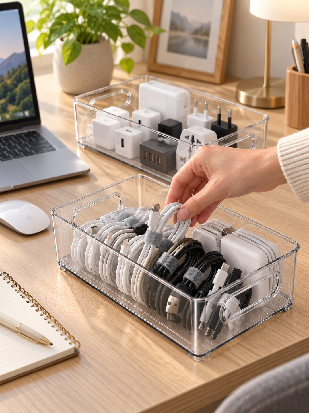 2/4-Pack Clear Organizer Bins – Stackable Desk & Bedroom Storage for Cables,