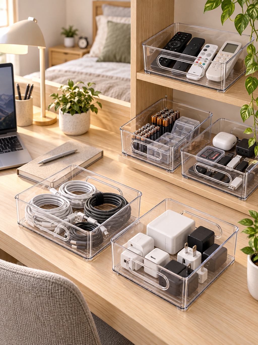 2/4-Pack Clear Organizer Bins – Stackable Desk & Bedroom Storage for Cables,