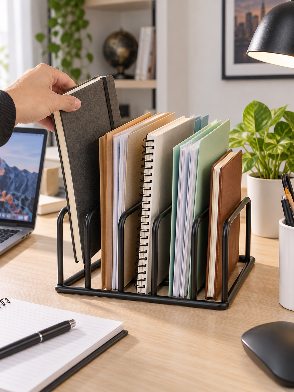 5-Slot Desktop Organizer – Metal Desk Rack for Notebooks, Files & Folders
