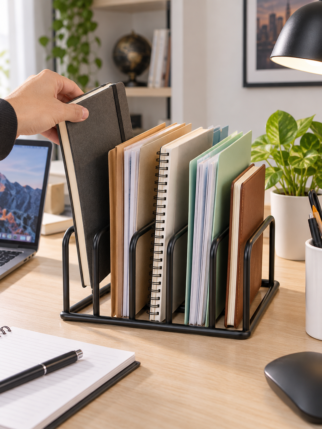 5-Slot Desktop Organizer – Metal Desk Rack for Notebooks, Files & Folders