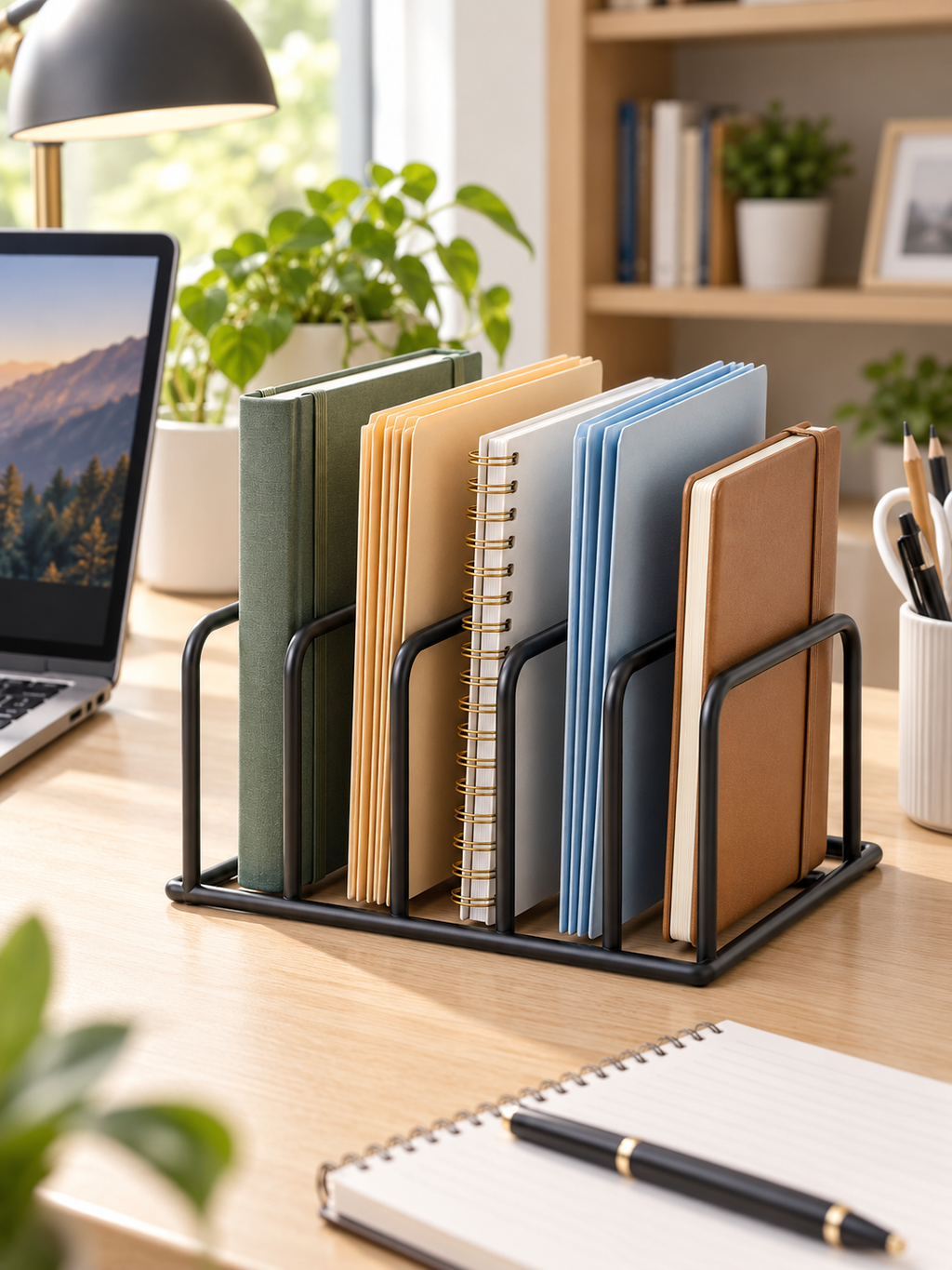 5-Slot Desktop Organizer – Metal Desk Rack for Notebooks, Files & Folders