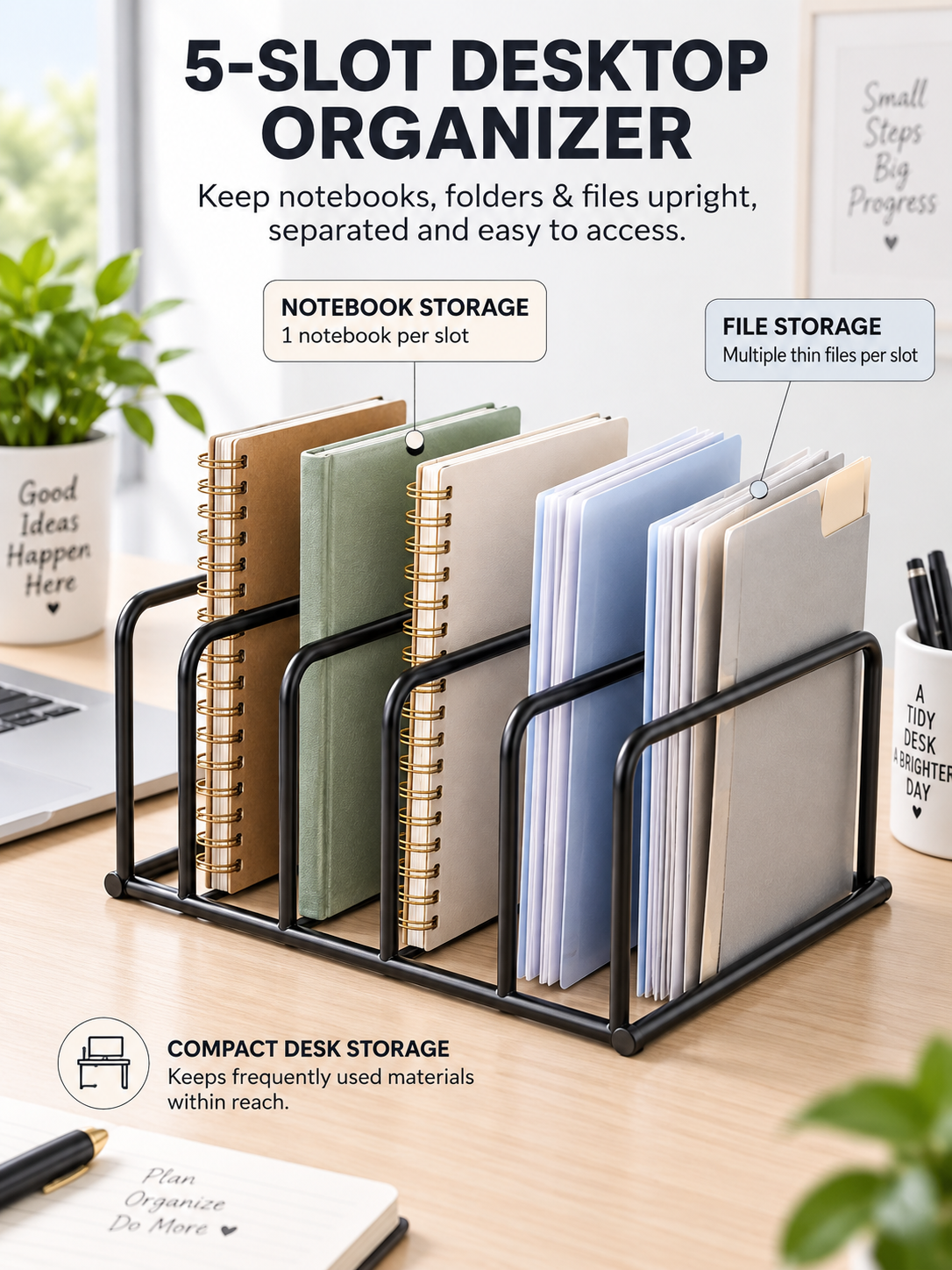 5-Slot Desktop Organizer – Metal Desk Rack for Notebooks, Files & Folders