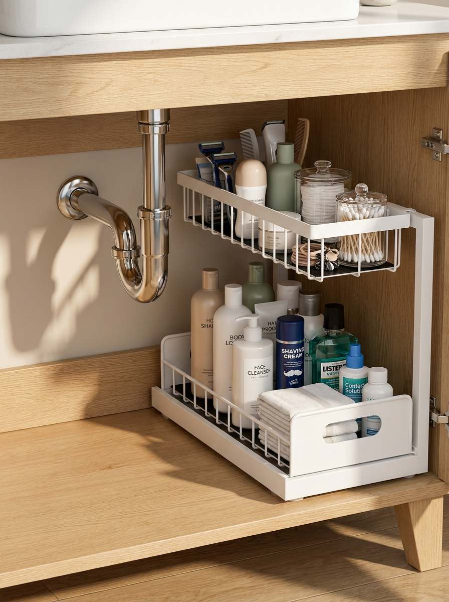 2-Tier Pull-Out Bathroom Vanity Organizer – No-Drill Sliding Under Sink Storage for Skincare, Beauty & Hair Products | White