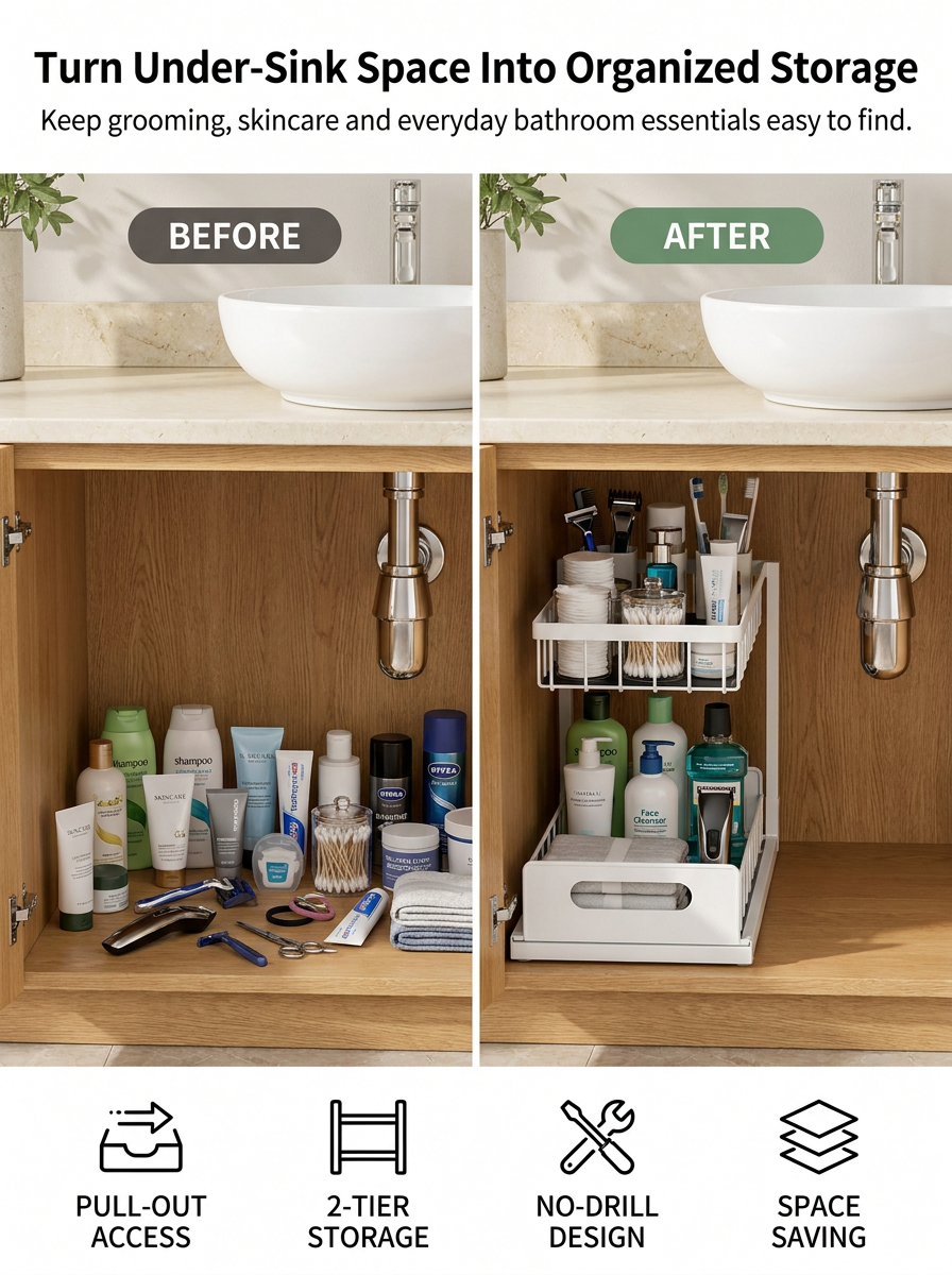 2-Tier Pull-Out Bathroom Vanity Organizer – No-Drill Sliding Under Sink Storage for Skincare, Beauty & Hair Products | White