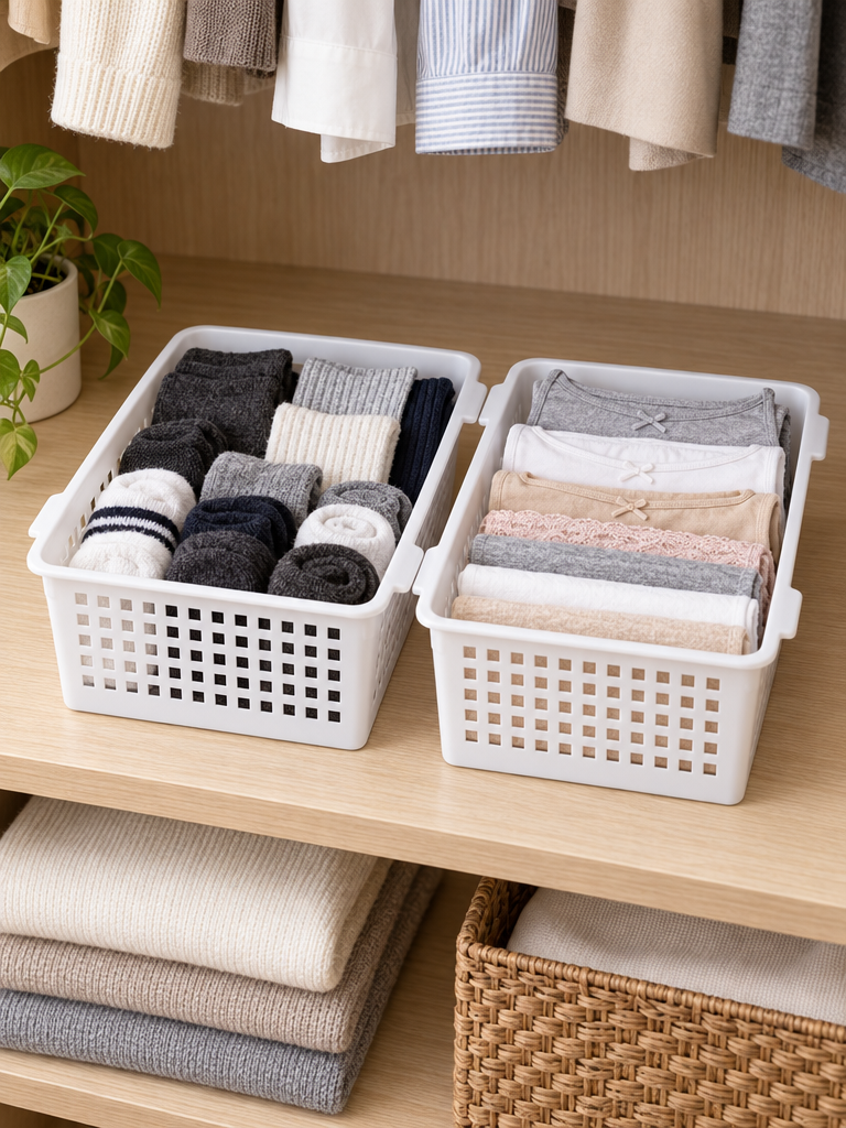 Two white ventilated baskets side by side on wooden shelf - left basket holds rolled dark and white crew socks standing upright, right basket holds folded underwear and bralettes in neutral tones