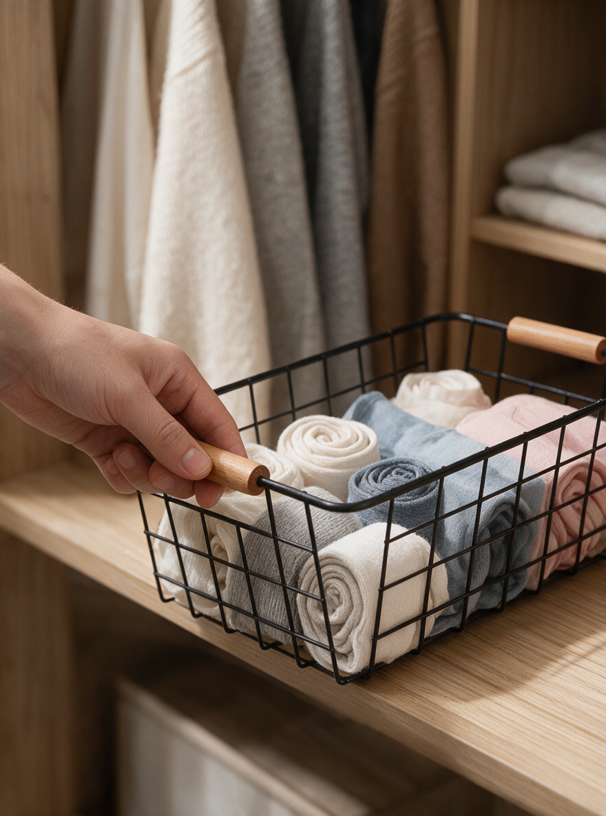 Black Wire Closet Organizer Basket with Wooden Handles | Small Loose Clothing | Shelf Storage for Socks, Underwear, Ties, Scarves, Belts, Undershirts