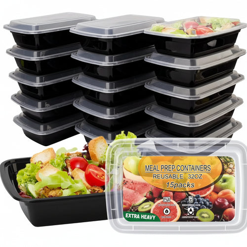 15-Pack Reusable Meal Prep Containers – 32oz Leakproof BPA-Free Food Storage Containers