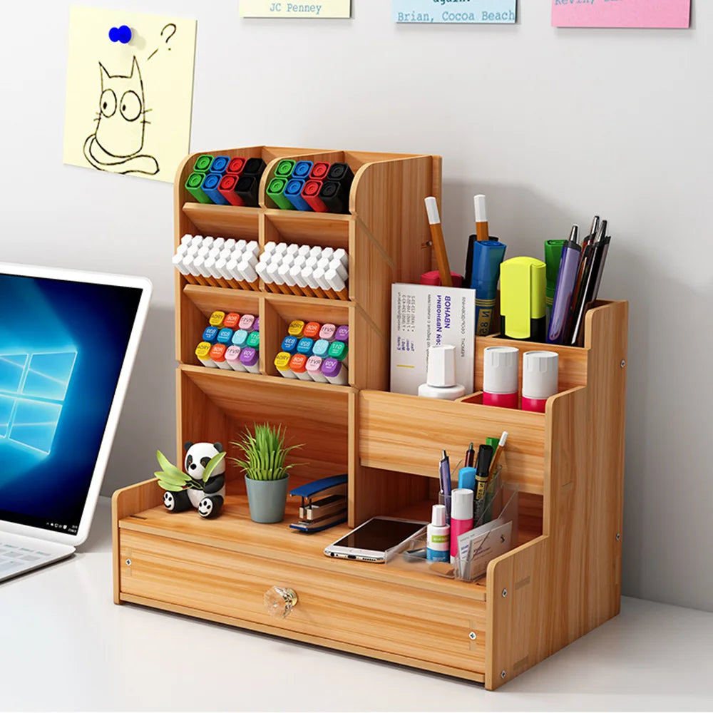 Simple Wooden Wooden Desk Organizer with Drawer – Pen Holder & Stationery