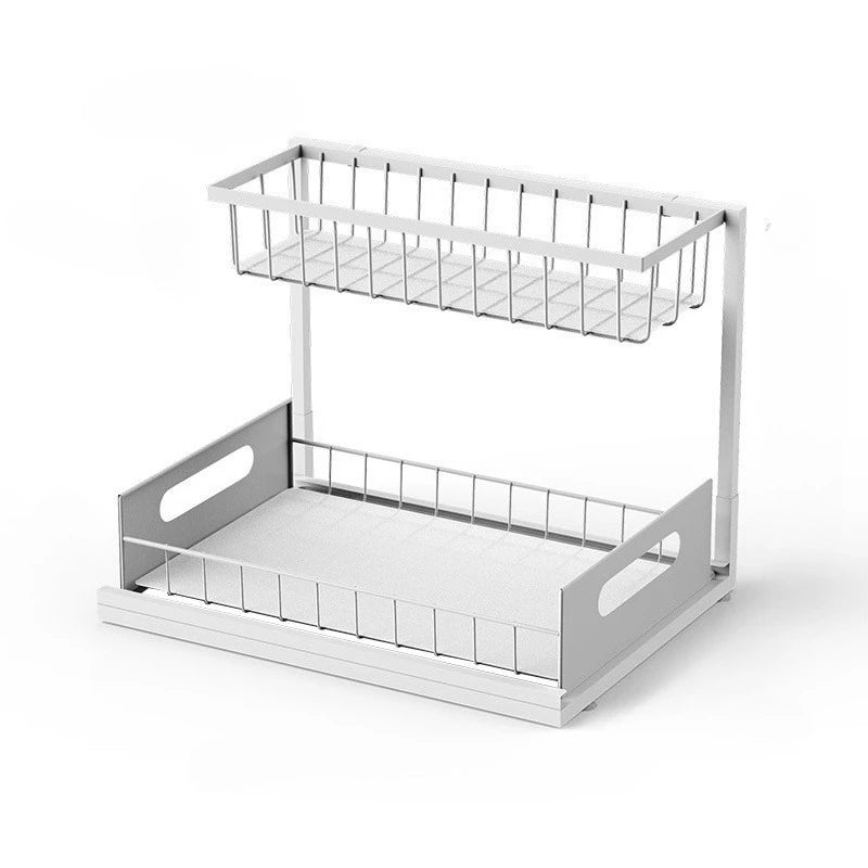 2-Tier Pull-Out Bathroom Vanity Organizer – No-Drill Sliding Under Sink Storage for Skincare, Beauty & Hair Products | White