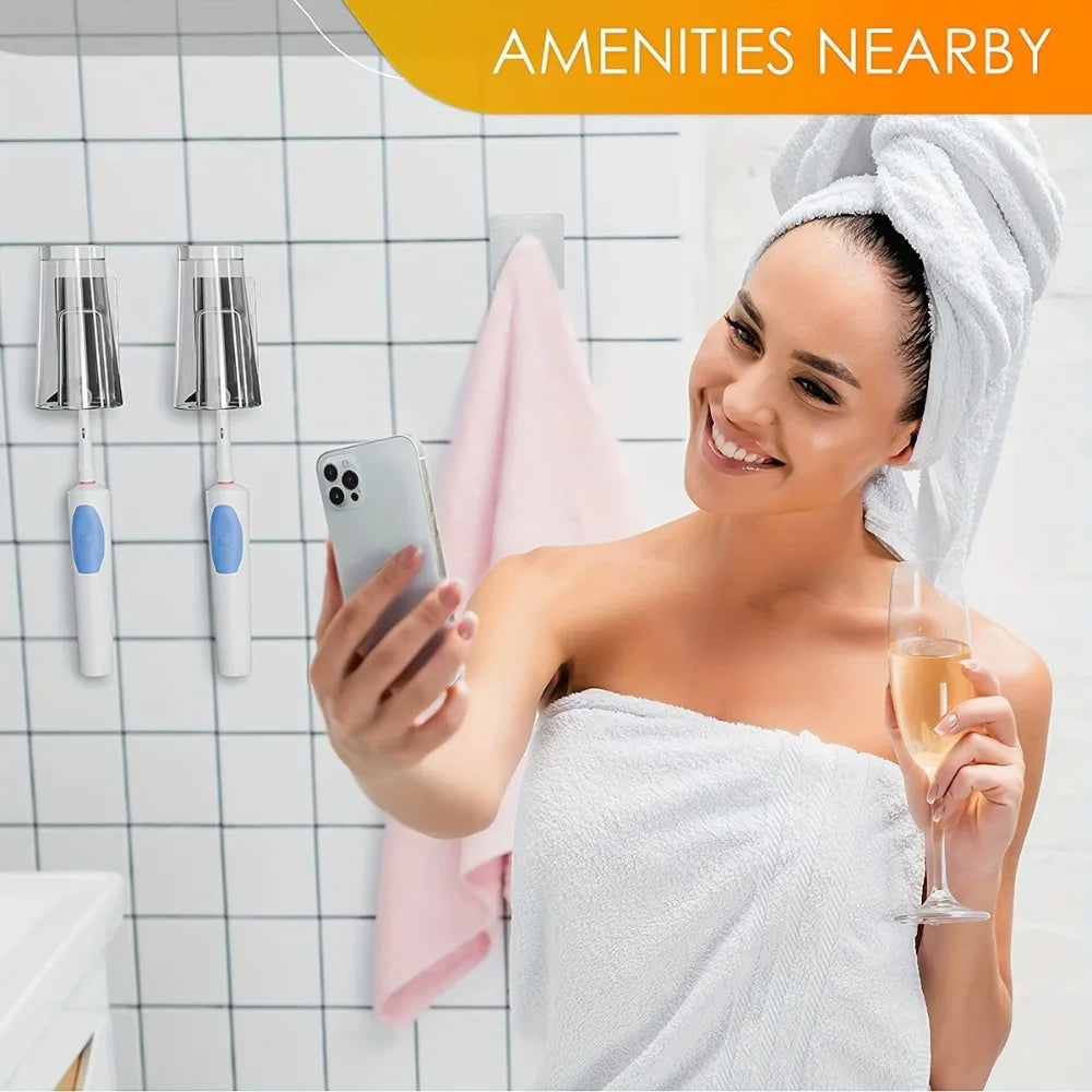 View of Adhesive Stainless Steel Wall Mounted Toothbrush Holder – No Drill