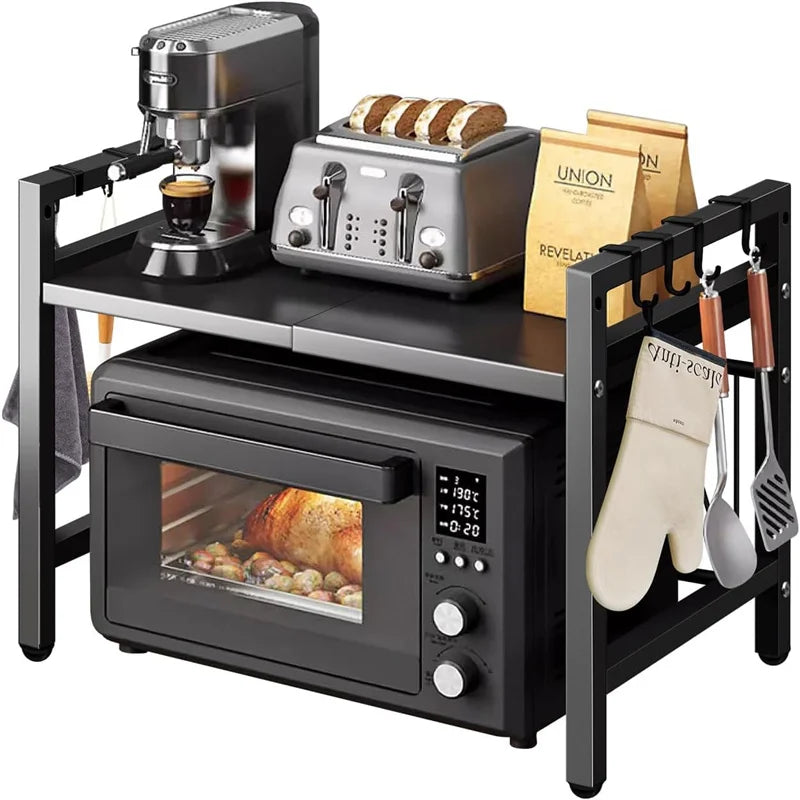 Adjustable width Microwave Rack – Space-Saving Kitchen Counter Shelf with Hooks product