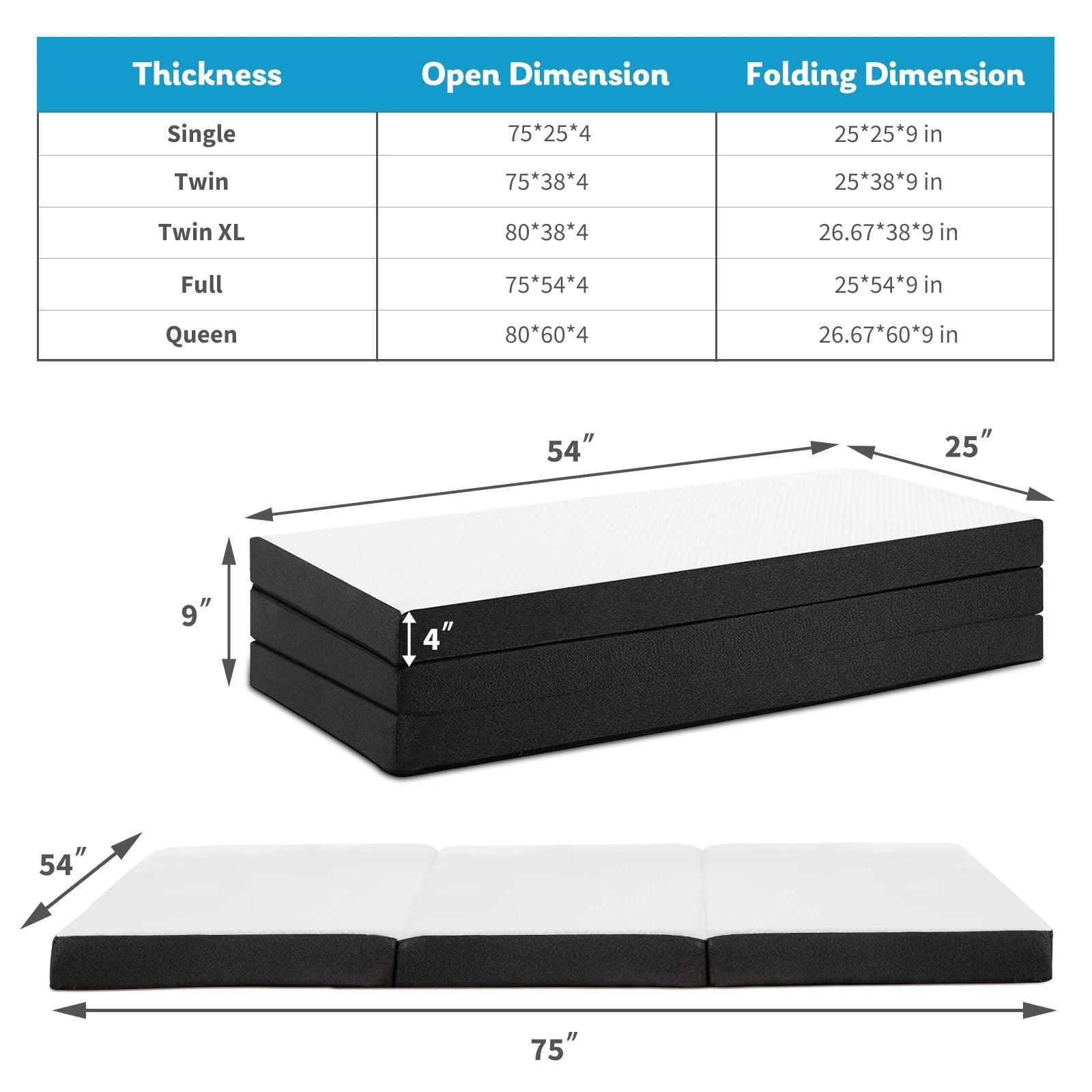 Three Fold Portable Floor Mattress – Tri-Fold Foldable Sleeping Mattress for Home